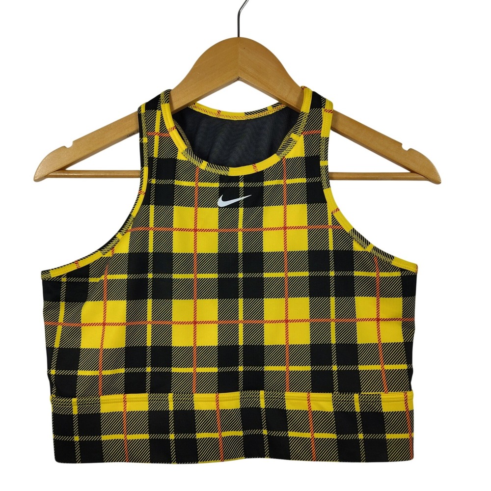 Nike Dri-FIT Women Yellow Black Plaid Mesh Racerback Sports Bra BV3911-703 XL - Picture 1 of 12